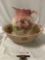 2 pc. antique ceramic pitcher and basin w/ pink glaze / Rose design, approx 15 x 5 in.