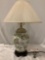 Vintage Asian Porcelain urn lamp w/ shade, tested/working, approx 16 x 26 in.