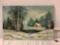 Vintage / antique original canvas oil painting of snowy winter cabin signed by artist, unframed