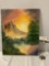 Vintage original canvas oil painting of sunset mountain scene by artist Lydia K., unframed