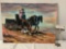 Vintage original canvas oil painting of couple riding horse pulled wagon signed by artist, unframed