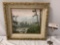 Vintage framed nature scene original canvas board oil painting, approx 19 x 17 in.