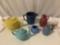 6 pc. lot of vintage pastel ceramic pottery; Monmouth pitcher, Lipton Tea creamer, Hall tea pot,