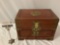 Vintage wood Asian style jewelry box w/ brass details, approx 14 x 9 x 10 in.