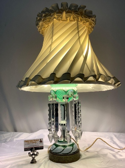 Antique Charles Star art glass lamp w/ crystal dangles and frilled shade, tested/working, sold as