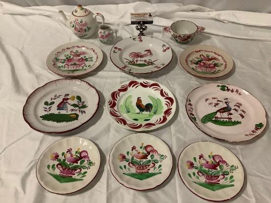 Old antique 12 pc. lot of French hand painted floral / rooster / female figure ceramic plates, tea