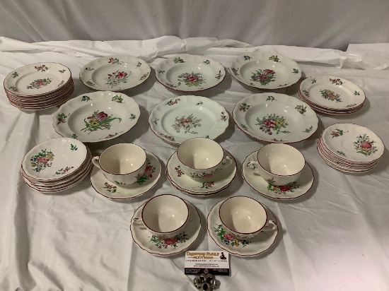 Old antique French Keller & Guerin LUNEVILLE floral ceramic tableware, 37 pieces; tea cups/ saucers,