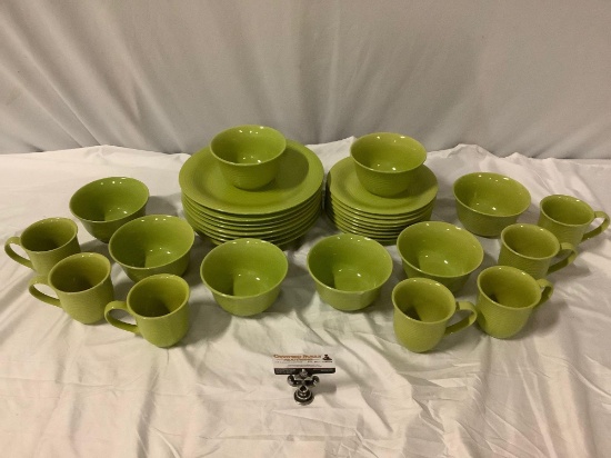31 pc. collection of Certified International green ceramic tableware; plates, bowls, mugs, see pics