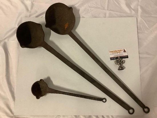 3 pc. lot of antique metal smelting ladles, approx. 28 x 7 in. largest.