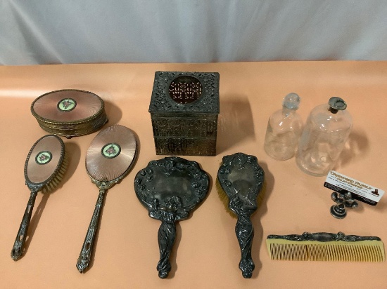 9 pc. lot of antique vanity items; hand mirrors, hair brushes, comb, tissue box cover