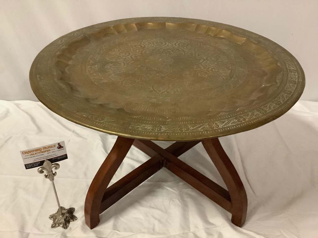 Vintage brass tray table from Saudi Arabia w/ wood folding stand, Yusuf Bin  Ahmed Kanoo, approx 23 x | Online Auctions | Proxibid