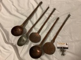 5 pc. Antique / french ?primitive hand hammered copper kitchen spoons / ladles