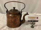 Antique / primitive french hand hammered copper tea kettle w/ lid and handle, approx 9 x 10 in.