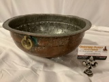 Antique / primitive French hand hammered copper colander , approx 14 x 6 in.