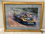 Framed professional racing / race car art print by William A. Motta AFAS, Approx 36 x 27 in.