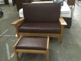 Stunning mission style love seat w/ leather covered cushions and matching ottoman