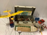 Trunk lot of vintage flying model aircraft, remote control car, Sterling Models Chris Craft boat,