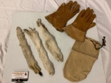 6 pc. lot of vintage animal skins; 3x ermine, deerskin gloves, deerskin pouch.