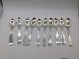 10 large Antique sterling silver and monogrammed soup spoons 390 grams