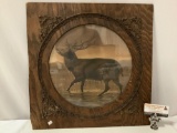 Antique framed elk artwork, frame shows wear, approx 19 x 19 in.