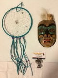 2 pc. lot of Native American inspired mask signed by artist, Dream catcher w/ beads, approx 10 x 15