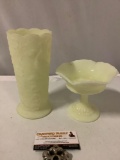 2 pc. lot of FENTON art glass peacock vase and pedestal dish, approx 3 x 8 in.