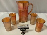 5 pc. set of vintage carnival glass pitcher and 4 tumbler drinking glasses, 1 has chip on rim,