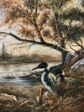 Vintage original canvas oil painting of birds sitting by river, signed by artist, approx 25 x 29 in.