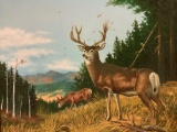 Vintage framed original canvas oil painting of deer, signed by artist, sold as is