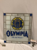 Vintage OLYMPIA BEER - It?s The Water glass hanging bar advertising sign w/ chain, nice condition,