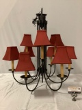 Vintage hanging lamp light fixture with nine lamps, cut cord, shades, approx 33 x 32 in. INV 2224