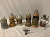 6 pc. lot of vintage ceramic German beer steins w/ pewter lids, 1 is music box, Gerz