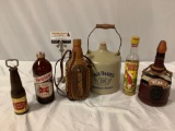 6 pc. lot of vintage alcohol / beer bottles; Jack Daniels jug, leather stamped Columbia wrapped