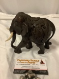 Vintage Indonesian wood carved elephant with bone task pieces, approx 6 x 5 x 3 in.