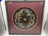 Framed vintage Chinese sewn silk art piece in wooden bamboo style frame