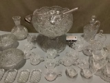 Lg. lot vintage cut crystal punch bowl w/ pedestal, cups set + silver ladle, candy dishes w/ lids,