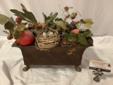 Old antique French cast metal planter with footed design and birds nest/ flower arrangement, approx