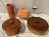 4 pc. lot of vintage/ antique terra cotta cooking pots w/ lids, Brique Ware bunny rabbit croc, Wine