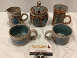 5 pc. lot of BARNA handmade stoneware tea/coffee set; mugs, creamer, sugar, signed by artist