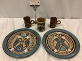 5 pc. lot of BARNA stoneware; mugs, plates w/ Native style figure design, signed by artist.