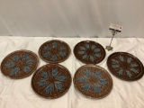 6 pc. lot of BARNA handmade stoneware plates w/ matching blue floral design, signed by artist.