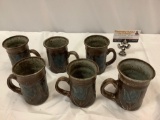 6 pc. lot of BARNA handmade stoneware mugs w/ matching blue floral design, signed by artist