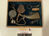 Nice collection of old antique Civil War items in shadow box case, powder horn, coin purse, medal,