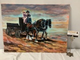 Vintage original canvas oil painting of couple riding horse pulled wagon signed by artist, unframed