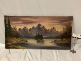 Vintage mountain scene original canvas oil painting, approx 31.5 x 16 in. Unframed.