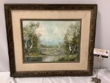 Vintage framed nature scene original canvas board oil painting signed by artist, approx 24 x 20 in.