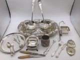 Large selection of silver plate items including 1920s EAM silver arrow compact , Norway spoon