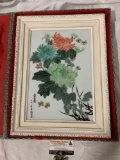 Antique wood framed handpainted Asian porcelain floral artwork w/ presentation box