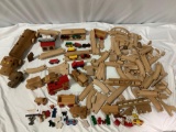 Large collection of vintage wooden train set toys, cars, figures, animals, track pieces, Brio, The
