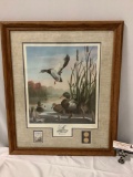 Autumn Air, 1991 wildlife duck art print by Leo Stans with National Park series stamp / coins,